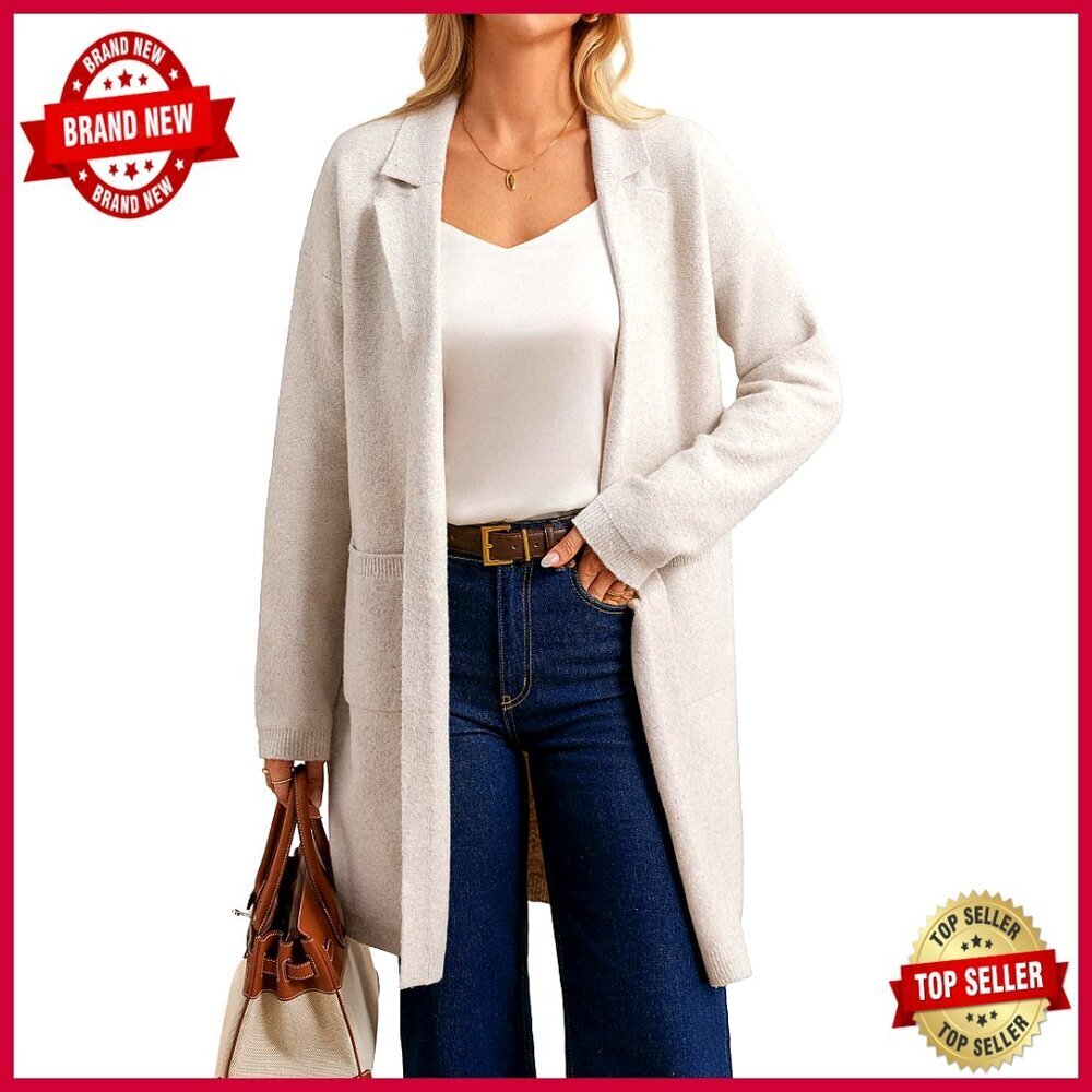 Long Open Front Knit Cardigan Blazer with Pockets, Dressy Soft Lapel Jacket